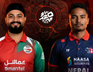 Nepal vs Oman players during ICC Cricket World Cup League Two 2023–27 Match 100 at Tribhuvan University Ground Kirtipur