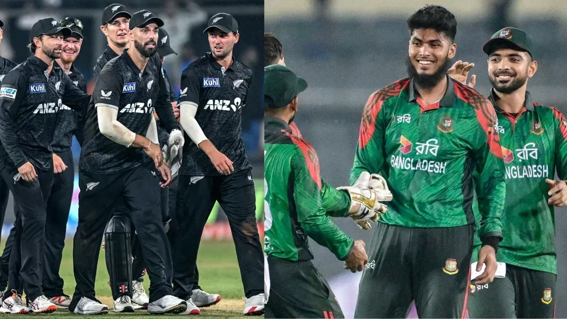 New Zealand and Bangladesh players during a cricket match, celebrating on the field.