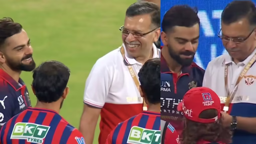 Virat Kohli smiling and greeting Sanjiv Goenka on the मैदान after Royal Challengers Bengaluru won against Lucknow Super Giants in IPL 2026 match.