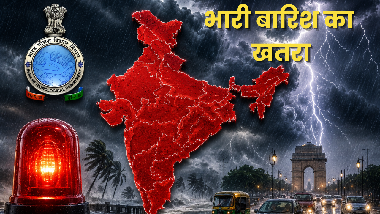 Weather Alert -भारत में भारी बारिश और तूफान का अलर्ट, बिजली चमकते बादल और लाल भारत मानचित्र के साथ मौसम चेतावनी दृश्य।